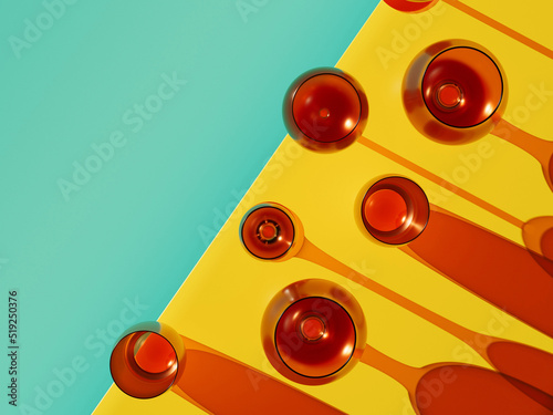 Red glasses over yellow and turquoise background on a sunny day