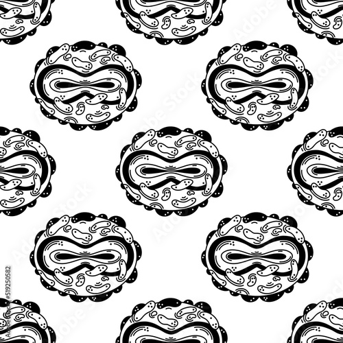 Smallpox virus seamless vector pattern. Poxvirus family, zoonotic virus. Pathogen structure isolated on white. Monkeypox, black pox. Background for web, medical sites, wallpaper, print