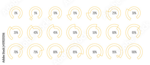 Set of circular sector arc percentage diagrams meters from 0 to 100 ready-to-use for web design, user interface UI or infographic - indicator with yellow