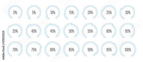 Set of circular sector arc percentage diagrams meters from 0 to 100 ready-to-use for web design, user interface UI or infographic - indicator with blue