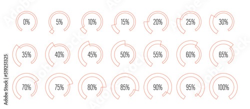 Set of circular sector arc percentage diagrams meters from 0 to 100 ready-to-use for web design, user interface UI or infographic - indicator with red