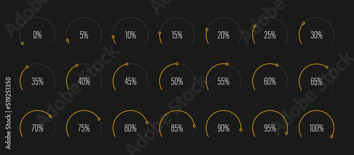 Set of circular sector arc percentage diagrams meters from 0 to 100 ready-to-use for web design, user interface UI or infographic - indicator with yellow
