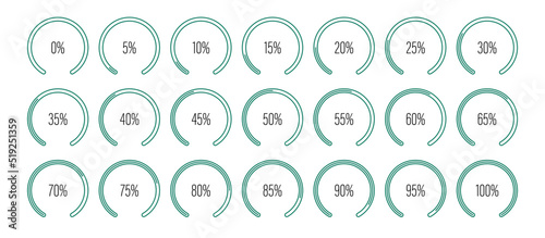 Set of circular sector arc percentage diagrams meters from 0 to 100 ready-to-use for web design, user interface UI or infographic - indicator with green