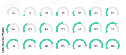Set of circular sector arc percentage diagrams meters from 0 to 100 ready-to-use for web design, user interface UI or infographic - indicator with green © Humdan