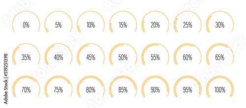 Set of circular sector arc percentage diagrams meters from 0 to 100 ready-to-use for web design, user interface UI or infographic - indicator with yellow