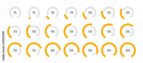Set of circular sector arc percentage diagrams meters from 0 to 100 ready-to-use for web design, user interface UI or infographic - indicator with yellow