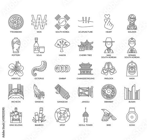 Set of South Korea thin line icons for any web and app project.