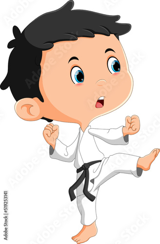 The strong karate boy is fighting in the kicking the opponent