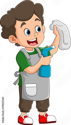 The boy is cleaning the window with the cleaning spray and the cloth