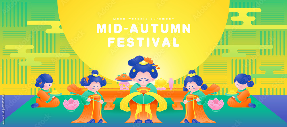 Fototapeta premium Mid Autumn Festival girls celebrate the moon