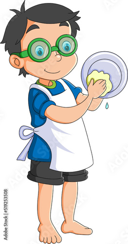 The man is in the kitchen and dishes the plate with the spoon and soap