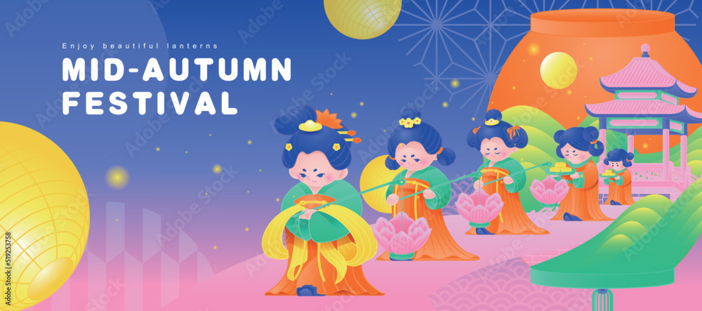 Naklejka premium Creative Illustration of Chinese girls appreciating lanterns
