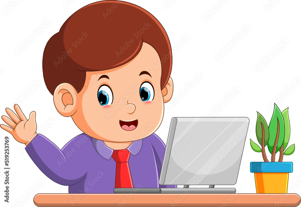 The worker boy is waving hand and greeting in front of laptop The worker boy is waving hand and greeting in front of laptop