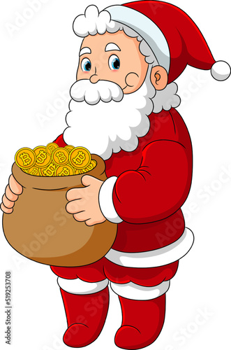 The santa claus is carrying a sack of bitcoins