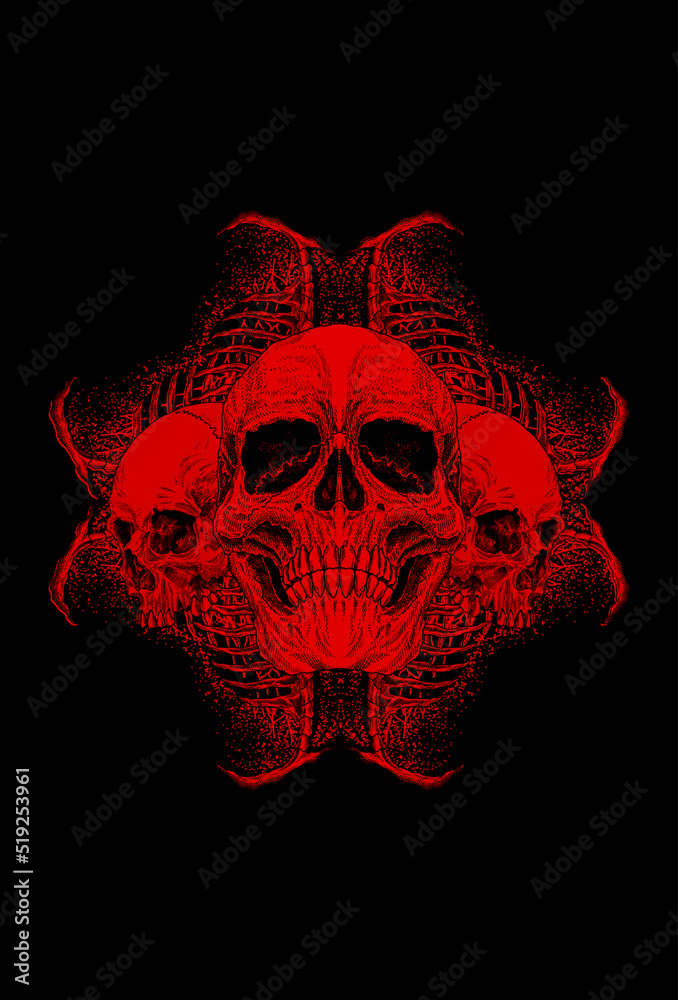 Skull with human skeleton and skull twin artwork illustration Skull with human skeleton and skull twin artwork illustration