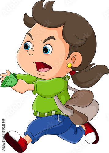 The little girl is running fast to get on bus while holding money