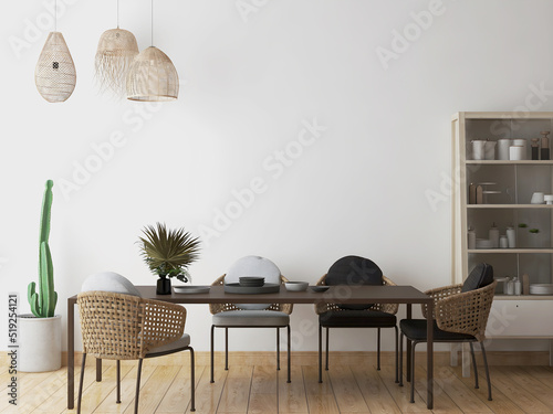 Rustic room with rustic dining room set, shelves, and 3 bamboo hanging lamps. 3d illustration. 3 rendering