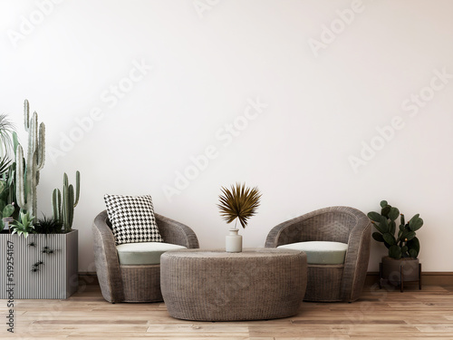 Mockup room empty wall, cactus and plants, 2 rattans chairs and table. 3d illustration. 3 rendering photo