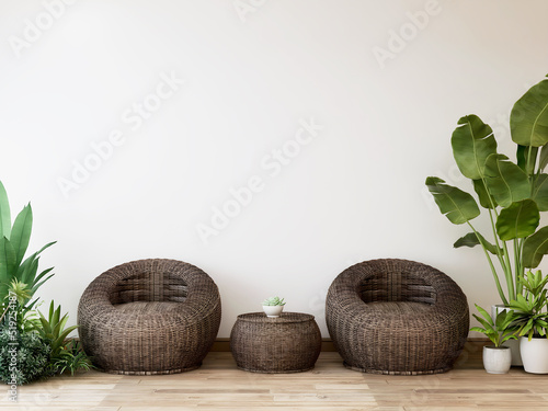 Mockup room empty wall, plants, and 2 rattans chairs and table. 3d illustration. 3 rendering photo