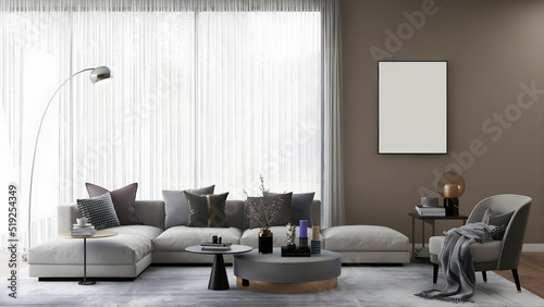 Mockup room with an empty frame, brown wall, huge window, white sofa set, and grey carpet. 3d illustration. 3 rendering