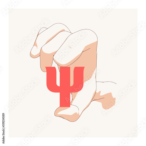 Hand holding Psi symbol as the beginning of a psychology word