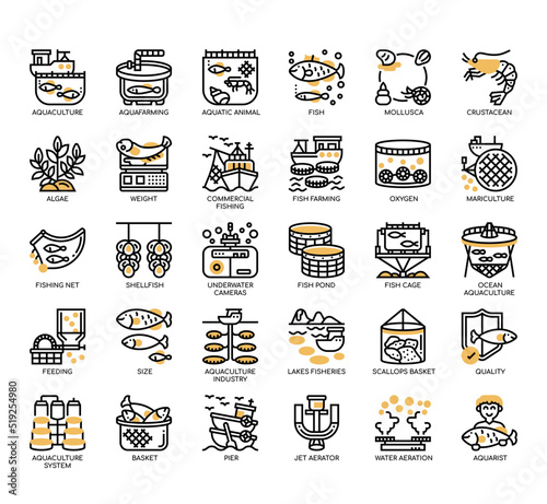 Set of  Aquaculture thin line icons for any web and app project.