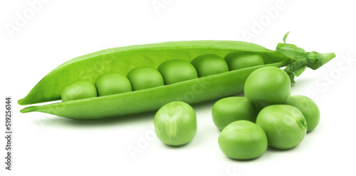 Peas isolated. Pod of green peas and pea kernels on a white background.