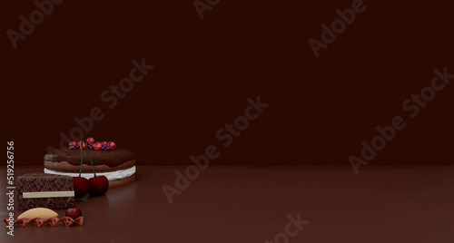 Chocolate chunk with blackberries, raspberries, cherries, cake slice and panettone on a chocolate colored background with copy space. 3d illustration © Jounn