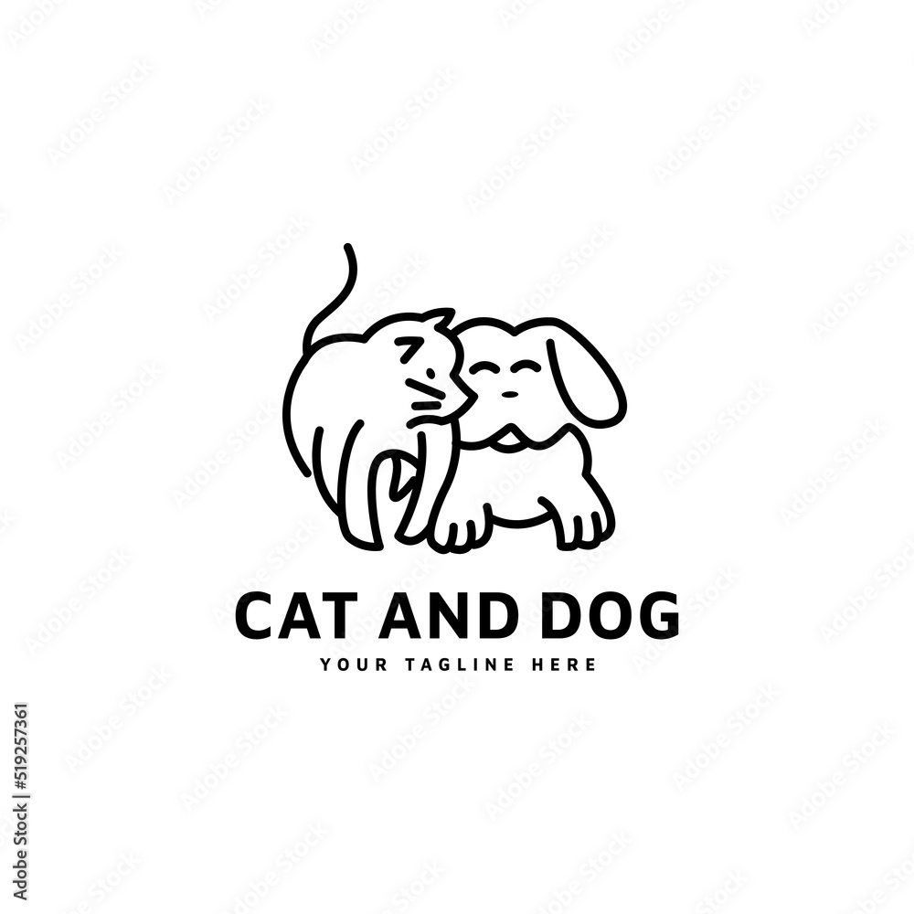 Cat and dog line art template logo with minimalist monoline style vector illustration