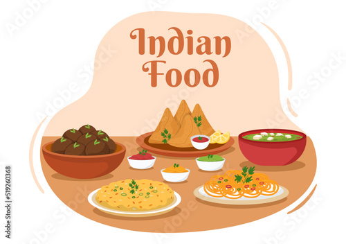 Indian Food Cartoon Illustration with Various Collection of Delicious Traditional Cuisine Dishes in Flat Style Design