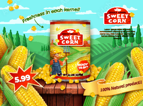 Realistic Detailed 3d Organic Canned Sweet Corn Ads Banner Concept Poster Cardon Green Field Background. Vector illustration