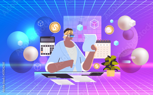 clerk woman advisor auditor in virtual reality glasses calculating invoice on accounting bookkeeper vr vision headset innovation