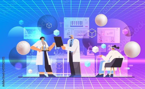 mix race scientist teamin virtual reality glasses working with test tubes researchers making chemical experiments in lab