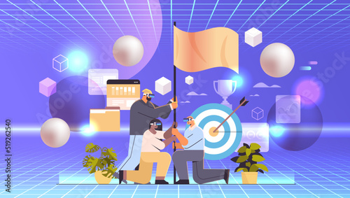 businesspeople in virtual reality glasses holding flag business competition challenge goal achievement leadership