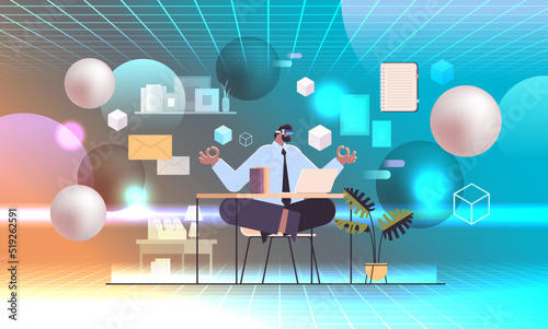 businessman in virtual reality glasses sitting lotus pose at workplace business man doing yoga exercise meditation