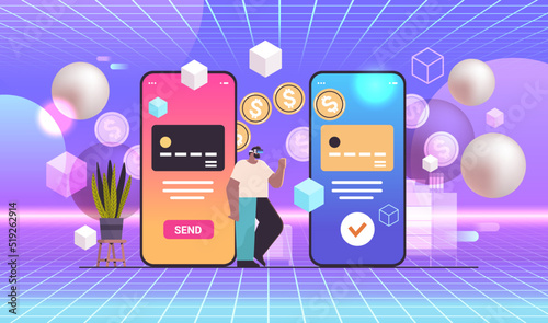 businessman in virtual reality glasses sending or receiving dollar coins via smartphones money transfer payment financial transactions