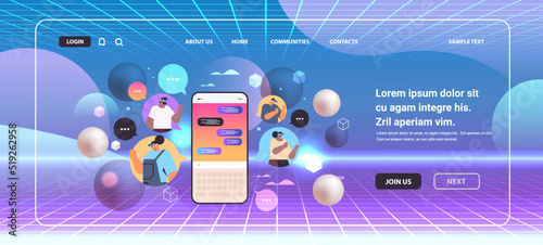 people in virtual reality glasses typing message on smartphone chatting in mobile app chat bubble communication