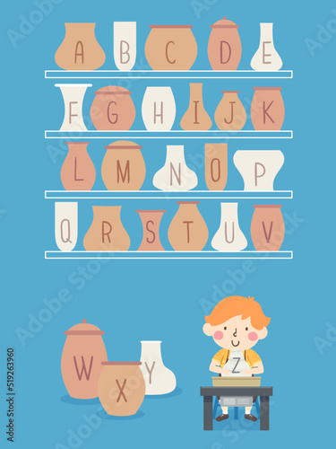 Kid Boy Pottery Pots Alphabet Illustration