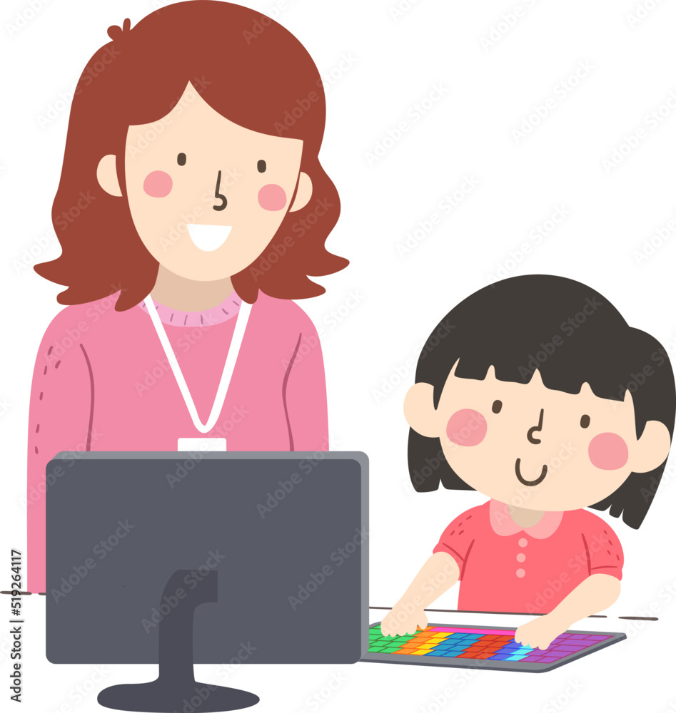Kid Girl Typing Keyboard Teacher Girl Illustration Kid Girl Typing Keyboard Teacher Girl Illustration