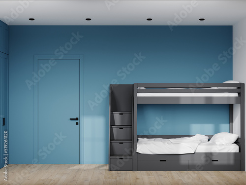A room in blue navy colors- a wall, a wardrobe, a door. Gray bunk bed with drawers. The space of a hostel or boys room in a minimalist style. Black spots and wood floor. 3d rendering photo