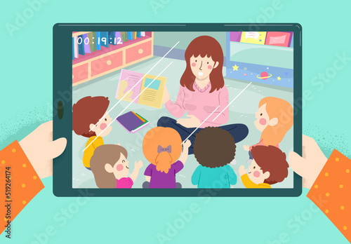 Kid Hands Class Live Streaming Tablet Illustration