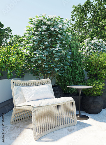 Terrace with rattan wicker chair. Sunshine and bright day. Round coffee table. Large flowerpots with plants  shrubs and trees in the backyard or park. Patio furniture for relaxation. 3d rendering
