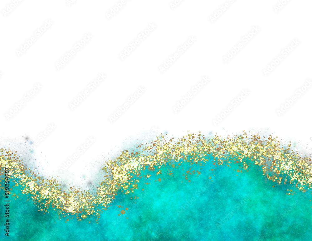 Luxury alcohol ink border. Elegant princess style background. Decoration for social media and stationary.  Turquoise liquid shape decorated with golden glitter dust. 