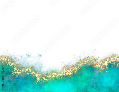 Luxury alcohol ink border. Elegant princess style background. Decoration for social media and stationary. Turquoise liquid shape decorated with golden glitter dust. 