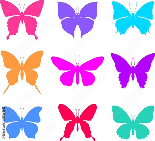 Colorful butterflies silhouette set. Beautiful animal in nature. Vector illustration
