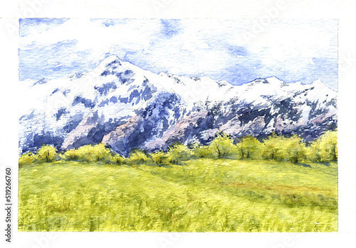 Watercolor drawing summer mountain landscape (ID: 519266760)