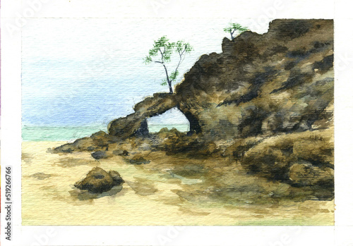 Watercolor drawing rock on the sea with tree on it (ID: 519266766)
