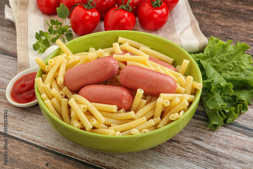 Mini sausages with pasta macheroni Mini sausages with pasta macheroni