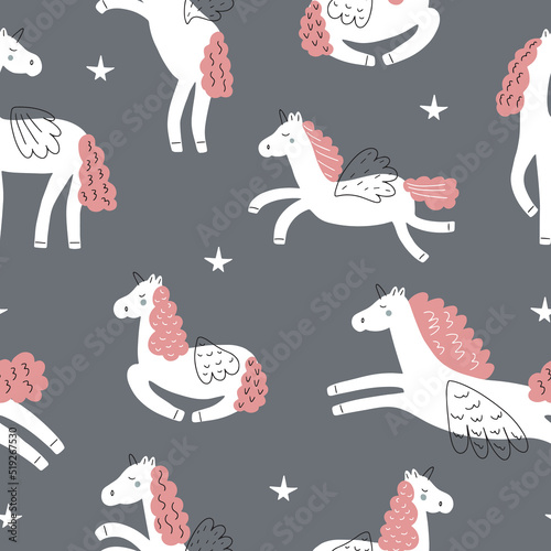 Seamless pattern with white unicorns in Doodle style on a gray background. Vector illustration for children's clothing, wallpapers, notepads or gift wrapping.