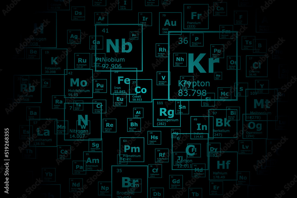 Futuristic background of the periodic table of the chemical elements with their atomic number, atomic weight, element name and symbol on a black background Futuristic background of the periodic table of the chemical elements with their atomic number, atomic weight, element name and symbol on a black background